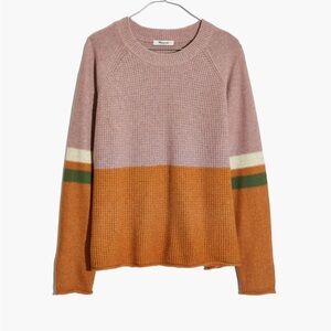 Striped Roll-Trim Waffle Pullover Sweater in Cotton-Merino Yarn